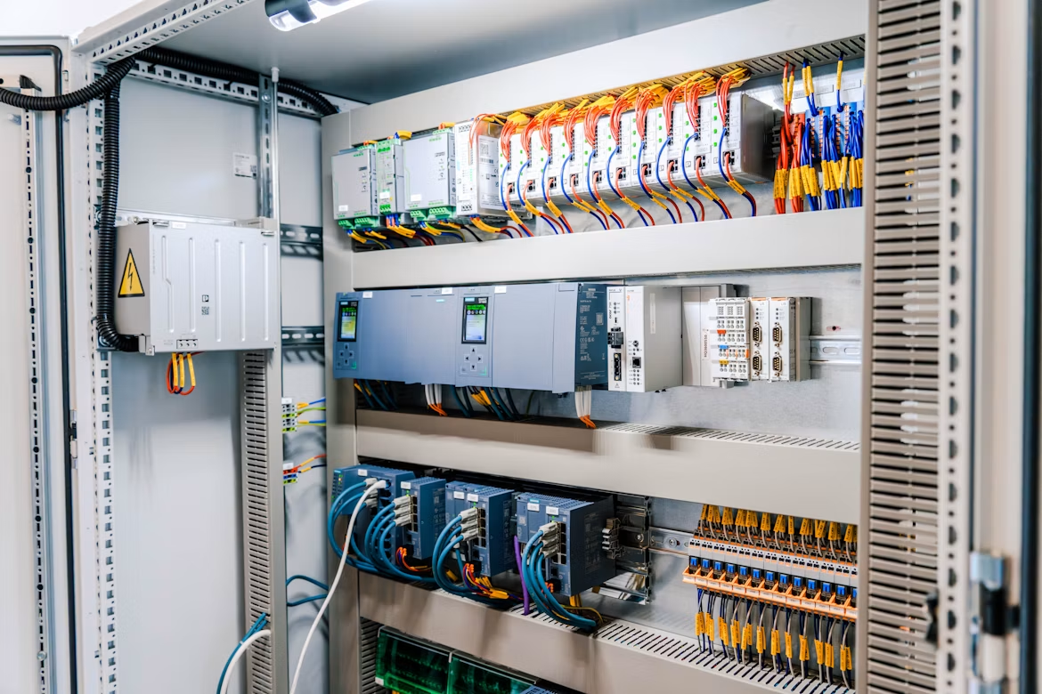 Open commercial electrical control panel with organized wiring and modules
