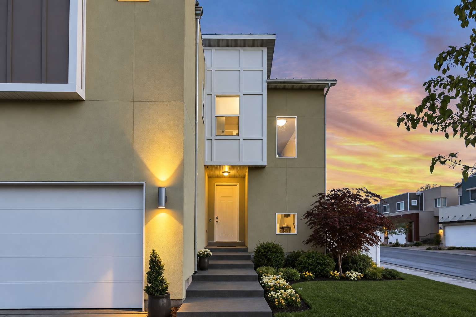 Warm architectural lighting illuminating a modern home at dusk