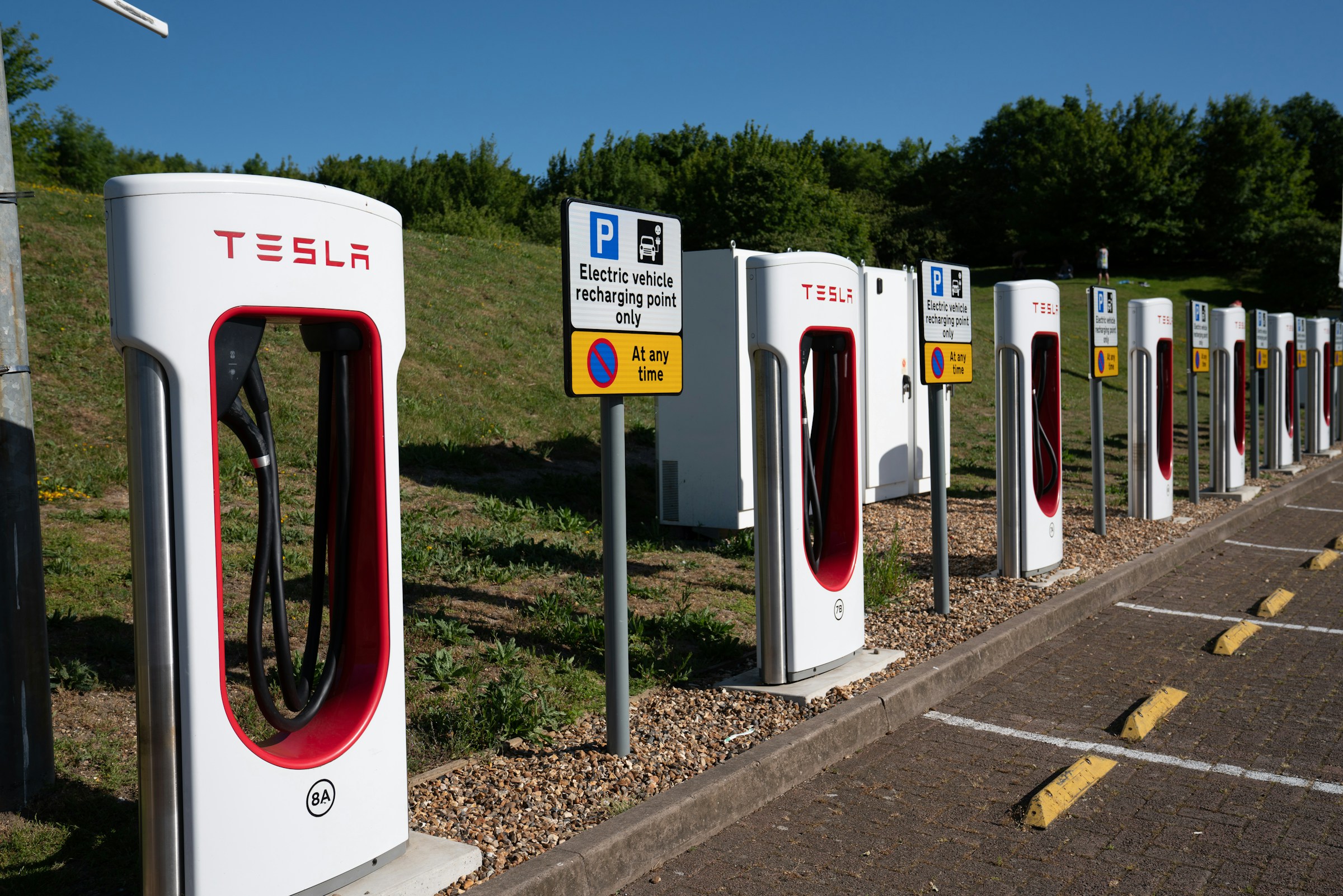 A row of Tesla Supercharger stations in a parking area
